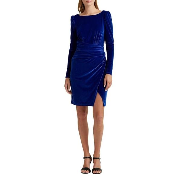 Ralph Lauren Dresses & Skirts - Ralph Lauren Blue Cocktail Dress Velvet Long Sleeve Boat Neck Sheath Size 12